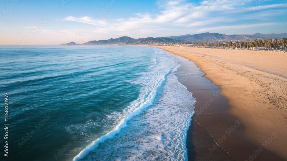 Poster aerial view of a pristine beach with ocean waves rolling onto the shore, under a clear sky.