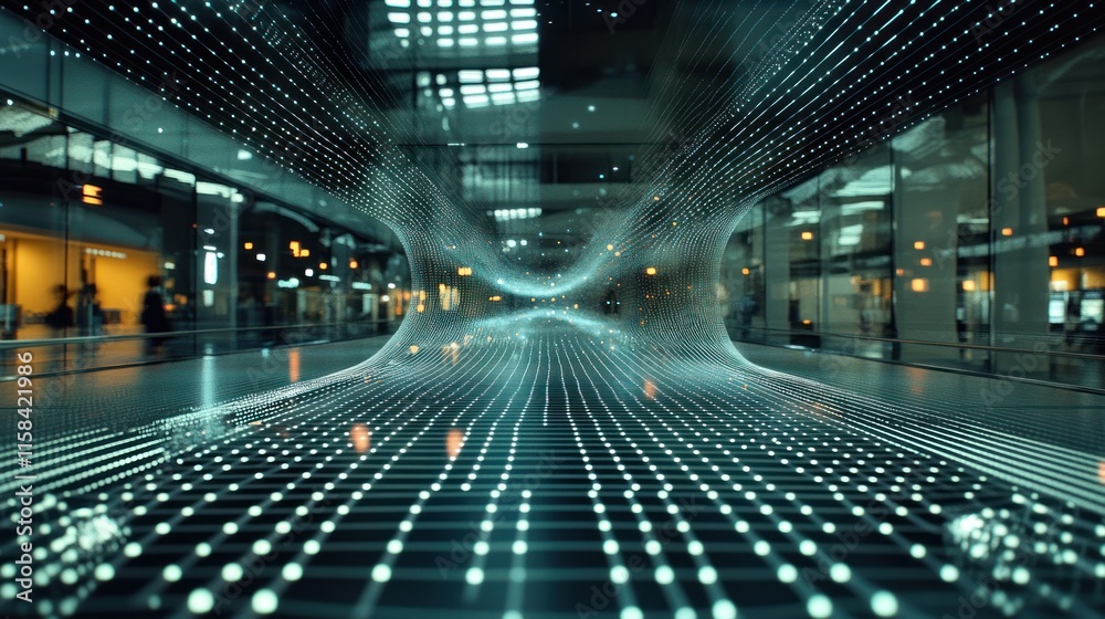 Poster futuristic light installation in a modern building's interior, showcasing glowing grid patterns and 