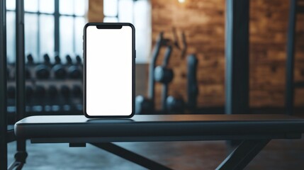 Smartphone Mockup in Modern Fitness Gym Setting: Blank Screen for App Design or Fitness Technology Advertisement