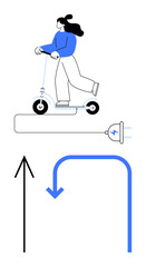 Person riding electric scooter, charging plug attached. Two arrows pointing up and making a U-turn. Ideal for transportation, sustainability, eco-friendly travel, urban mobility, direction, energy