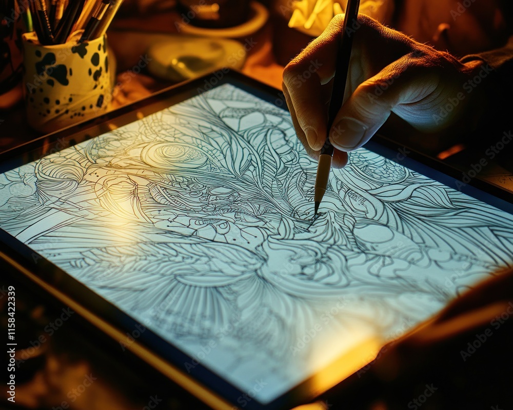 Aufkleber close-up of artist's hand using stylus on digital drawing tablet, creating intricate line art.