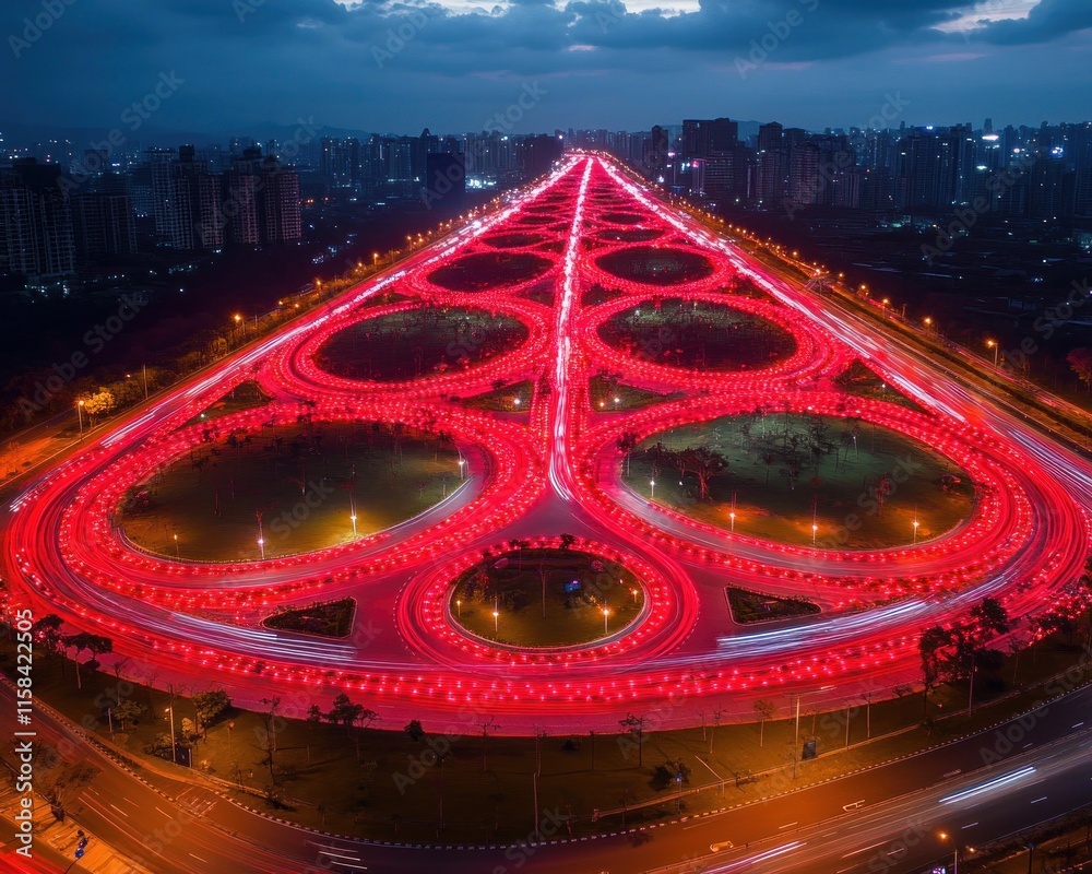 Aufkleber night aerial view of illuminated highway cloverleaf interchange with red light trails.