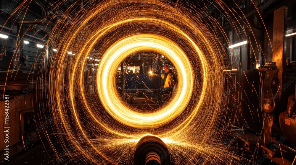 Poster glowing sparks swirl around a worker in a metal factory.