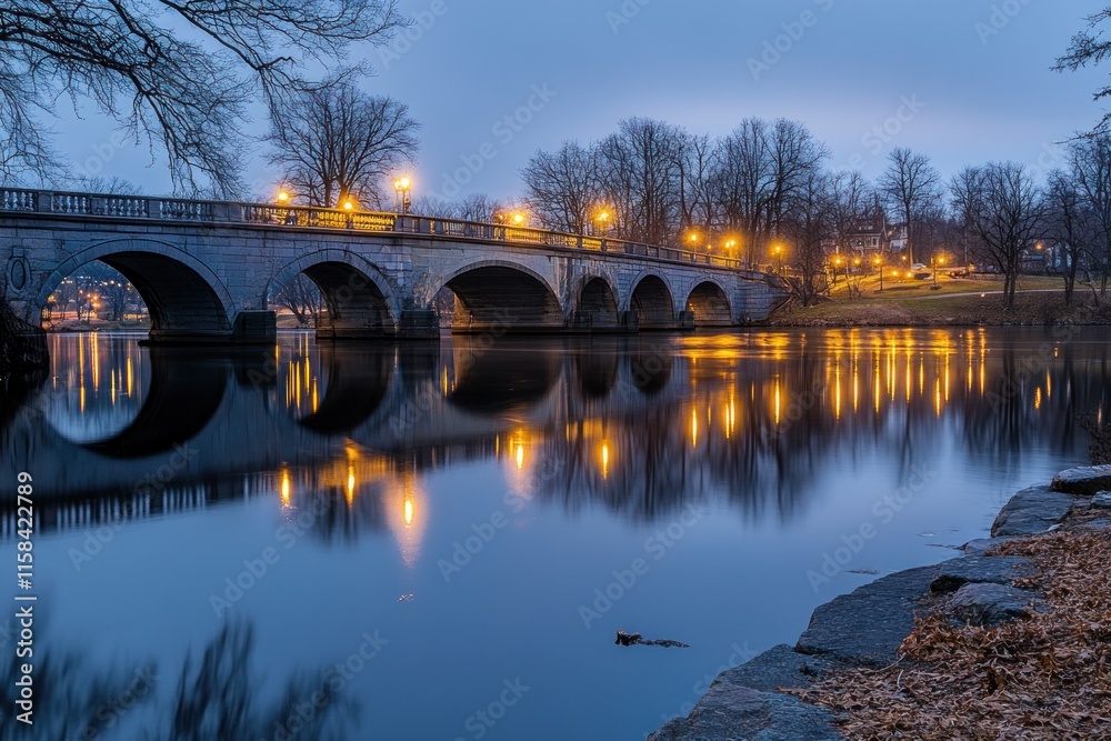 Poster illuminated stone bridge spanning calm river at twilight, reflecting lights and trees.