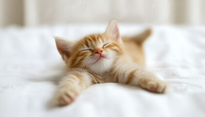 Orange Kitten Sleeping Peacefully on Soft Bed
