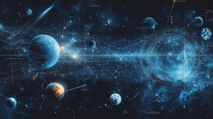 Abstract image of a growth chart in the form of a starry sky or space, consisting of points, lines, and shapes in the form of planets, stars and the universe. Vector wireframe concept.