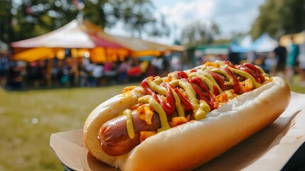 A playful and vibrant scene with vegan hotdogs on a platter, festival tent in the background creating a whimsical atmosphere