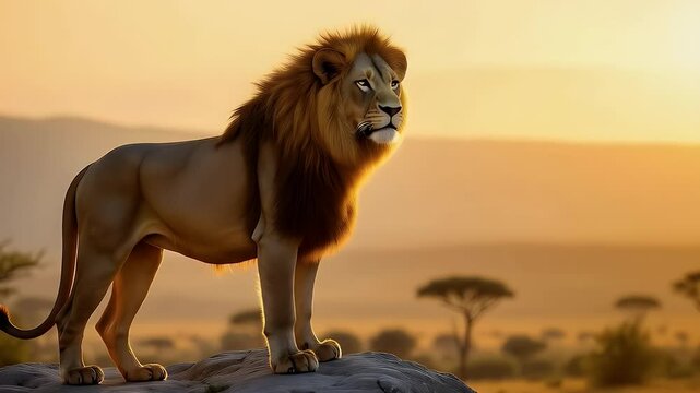 A majestic lion surveying the savanna from a rocky outcrop during golden hour, exuding strength and regality.


