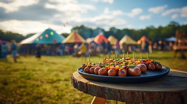 Vegan hotdogs displayed creatively on a platter with festival tents in the background, adding a whimsical touch