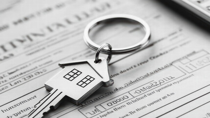 key with house shaped keychain rests on home loan documents, symbolizing new beginnings and home ownership. This captures essence of securing new home