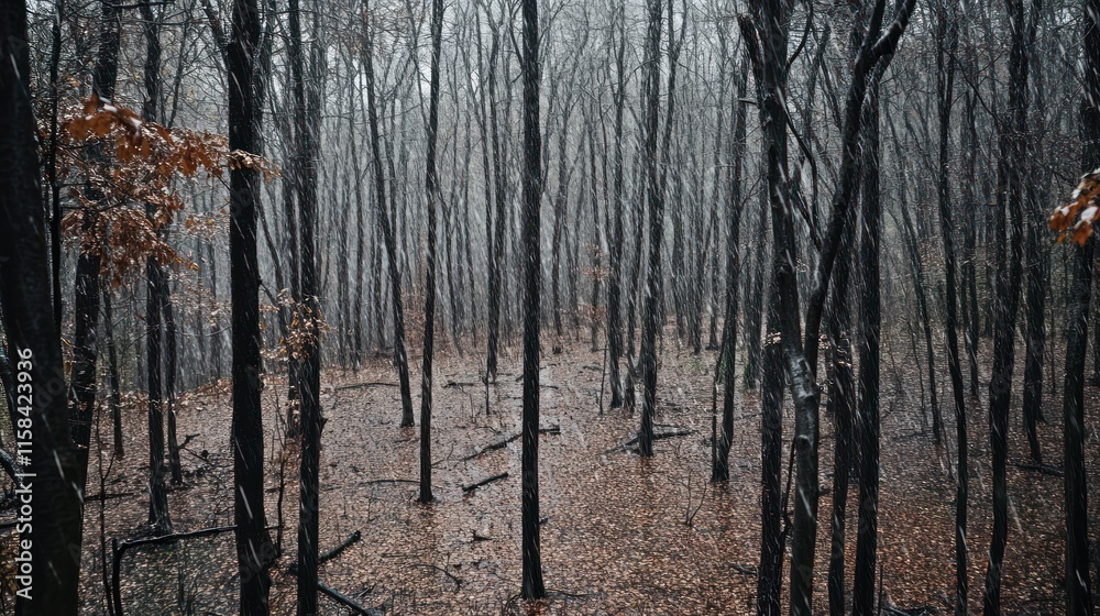 Poster misty autumn forest with leaf-covered ground and slender trees.