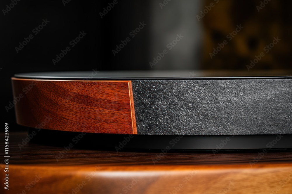 Poster Close-up of a circular object with mahogany and slate detailing, resting on a wooden surface.
