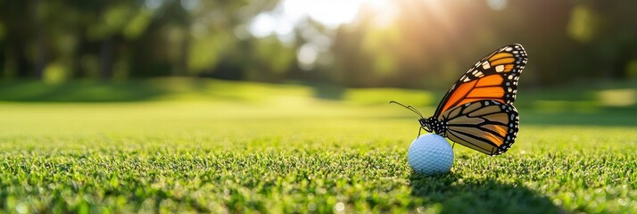 Monarch butterfly on a golf ball in lush grass, sunlight on blur background