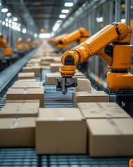 Robotic arms sorting packages on conveyor belt in warehouse.