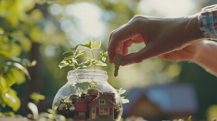 Obraz premium Investing in future home, hand places key into jar filled with coins and miniature house, symbolizing savings and growth in natural setting