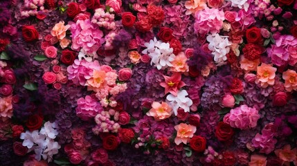 Fototapeta premium Stunning Vertical Garden Wall Adorned with a Lush Colorful Display of Flowering Plants in Shades of Pink Red and Purple A Vibrant Botanical Backdrop for Eco Friendly Nature Inspired Decor and Design