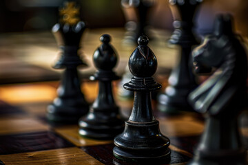 Black Chess Pieces Strategically Positioned on Board