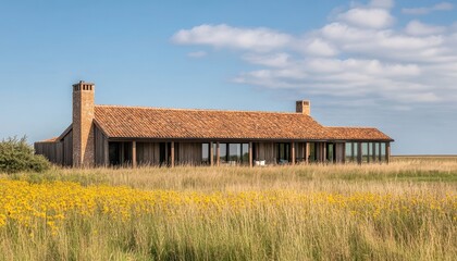 Modern Rustic House Amidst Yellow Wildflowers