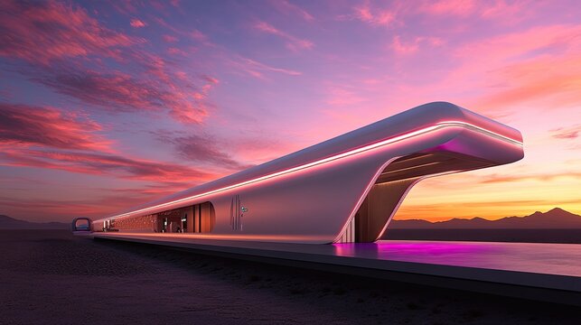 A hyperloop station with sleek minimalist design and vibrant lights. Technology innovation