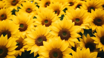 Obraz premium Stunning panoramic view of a lush vibrant field filled with rows of bright yellow sunflowers intermingled with delicate white wildflowers against a backdrop of a peaceful