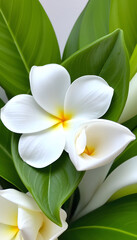 Obraz premium A beautiful arrangement featuring a white frangipani flower with a leaf and a white water lily, showcasing tropical beauty and nature's elegance, origami