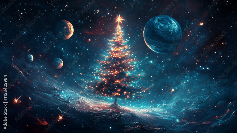 Wall mural abstract image of a christmas tree in the form of a starry sky or space, consisting of points, lines