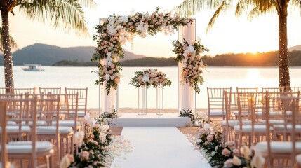 Elegant wedding arch decorated with flowers by the beach at sunset