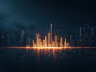 Stylized city skyline with glowing elements, showcasing modern architecture against a dark background, perfect for tech themes. SEO performance and digital marketing concept.