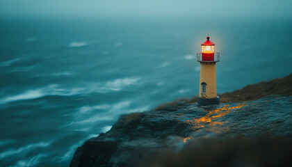 Lighthouse on Rocky Coast During Stormy Evening