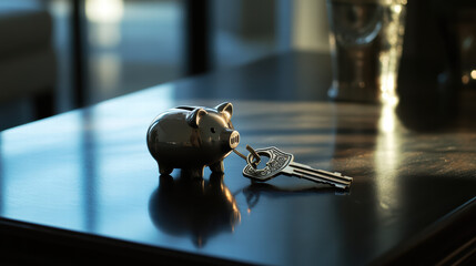 piggy bank and house keys on table symbolize saving and home ownership. This captures essence of financial planning and security in warm, inviting setting