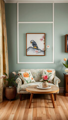 interior design decoration and furniture with spring motifs, collage style, with white tones