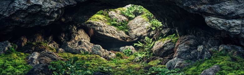 A dark cave entrance with mossy rocks and greenery, fantasy concept art, matte painting.