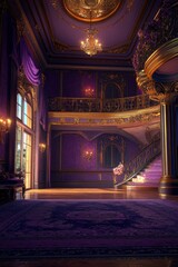 Obraz premium elegant hall room with purple wall and golden color intricate pattern design