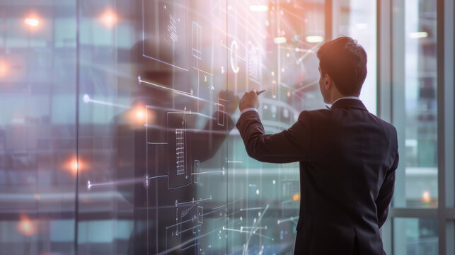 Businessman Strategically Planning Tasks on Glass Wall