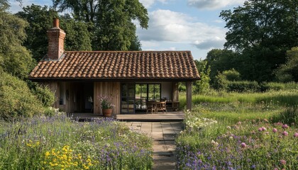 Obraz premium Wooden Garden Studio Nestled Amongst Blooming Wildflowers