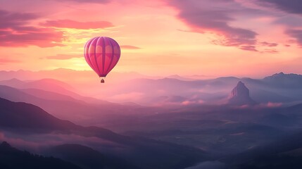 Fototapeta premium Soft dawn light casting a warm glow on a hot air balloon drifting high above the landscape