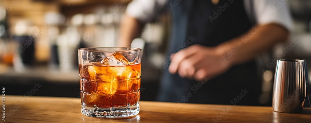 Poster bartender preparing a glass of whiskey with ice on bar counter