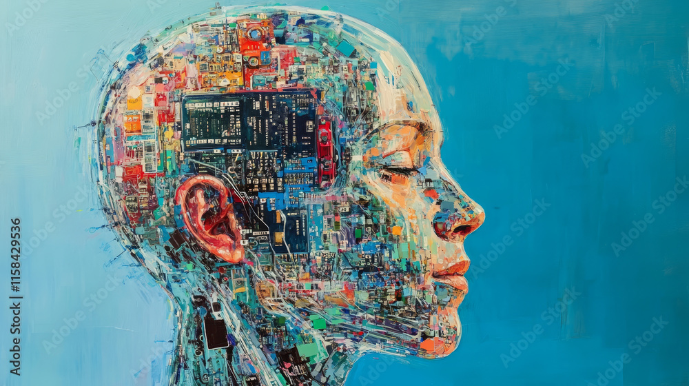 Fototapete abstract technology artificial intelligence concept big data digital human head in robot and digital