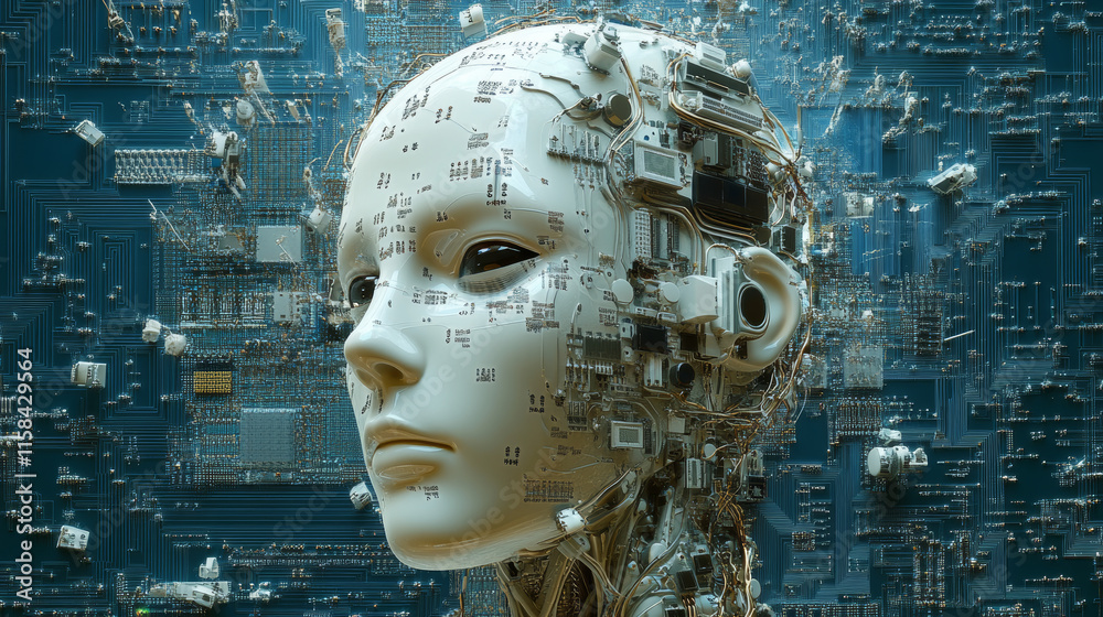 Fototapete abstract technology artificial intelligence concept big data digital human head in robot and digital