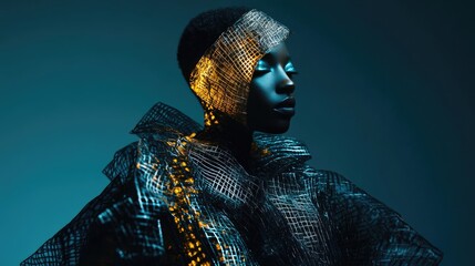 Avant-garde clothing made of liquid metal, glowing softly in a studio setting. Fashion design