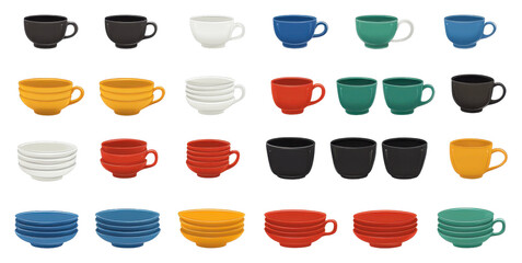 Colorful coffee cups arrangement kitchen product photography bright environment top-down view contemporary design