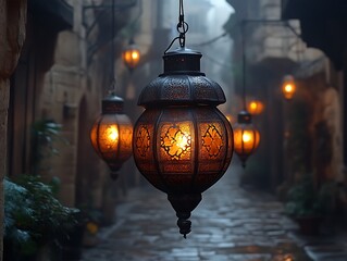 Illuminated lanterns hanging in a misty alleyway. (1)