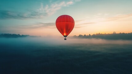 Fototapeta premium Hot air balloon hovering in soft dawn light over a vast open field