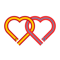 heart shaped ribbon of spain and norway flags intertwined. vector illustration isolated on white background