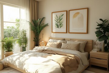 Sunlit bedroom with beige bedding, plants, and framed art.