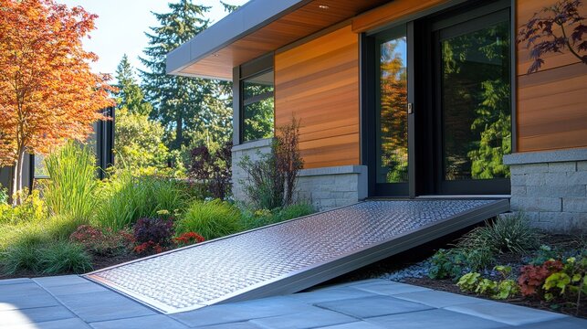 Modern home's metallic ramp leads to glass door. Accessible design element enhances home's curb appeal and provides inclusivity.