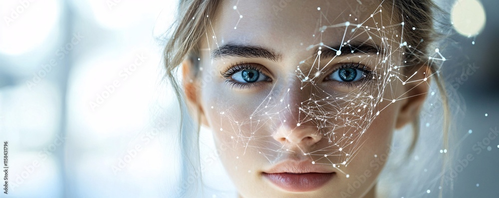 Poster facial recognition system identifying woman with futuristic biometric scanning technology