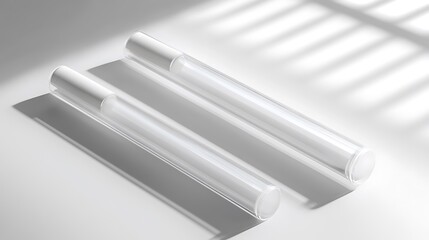Minimalist action art displaying transparent cylinders in studio light
