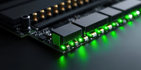 Futuristic high-tech motherboard glowing with energy, showcasing intricate circuits and advanced technology.