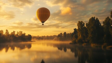 Hot air balloon soaring peacefully through the soft golden light of dawn over a tranquil lake